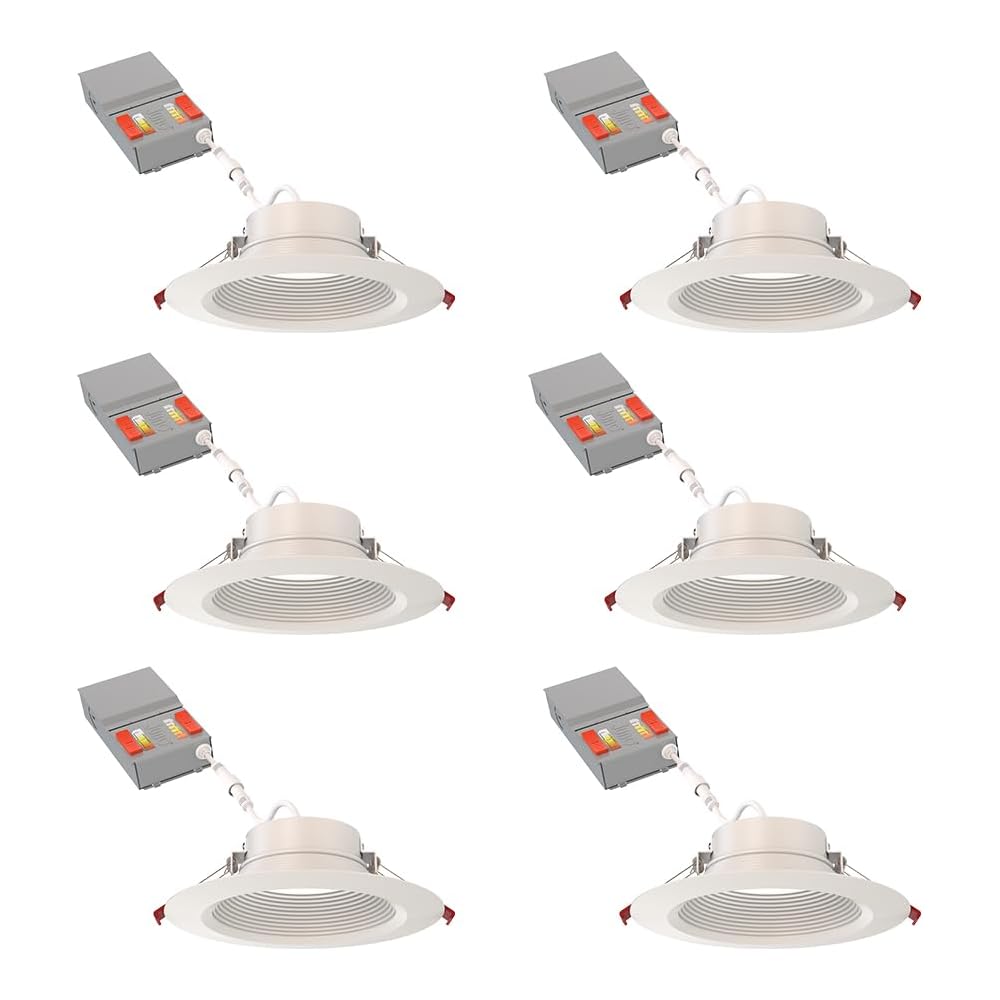Juno LED Recessed Lights 6 Inch Round Wafer Downlight, 5-in-1 Switchable White Color Temperature, Adjustable Brightness, Deep Regressed Baffled Trim, 6-Inch, Matte White, 6-Pack -
