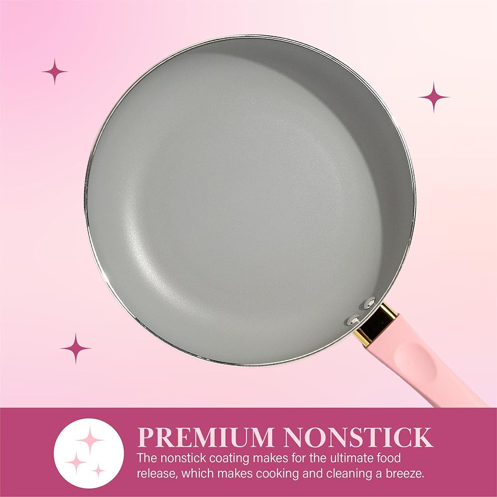 Paris Hilton Epic Nonstick Pots and Pans Set, Multi-layer Nonstick Coating, Tempered Glass Lids, Soft Touch, Stay Cool Handles, Made without PFOA, Dishwasher Safe Cookware Set, 12-Piece, Pink: Home & Kitchen