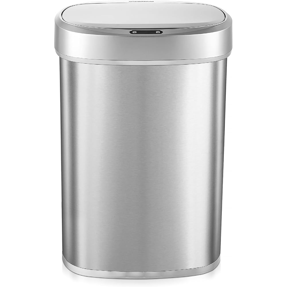 NINESTARS DZT-50-49 Automatic Touchless Motion Sensor Oval Trash Can with Black Top, 13 gallon/50 L, Stainless Steel : Home & Kitchen