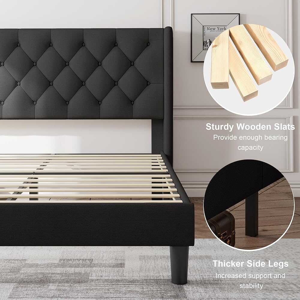 Feonase Queen Bed Frame with Upholstered Wingback Headboard, Platform Bed and Heavy Duty Wooden Slats Support, Easy Assembly, Noise-Free, No Box Spring Needed, Black : Home & Kitchen