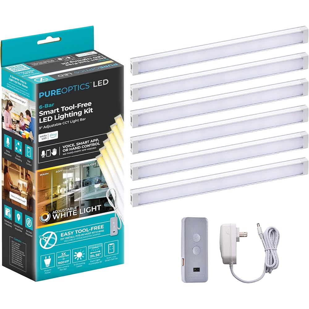 PureOptics Works with Alexa Smart Under Cabinet Lighting Kit, Adjustable LEDs, (6) 9