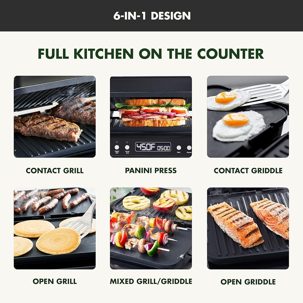 GreenPan 6-in-1 Multifunction Removable Plate Indoor Grill & Electric Griddle, Diamond Infused PFAS Free Ceramic Nonstick Reversible Plates, Opens Flat, Adjustable Temp, Panini Press, Black: Home & Kitchen