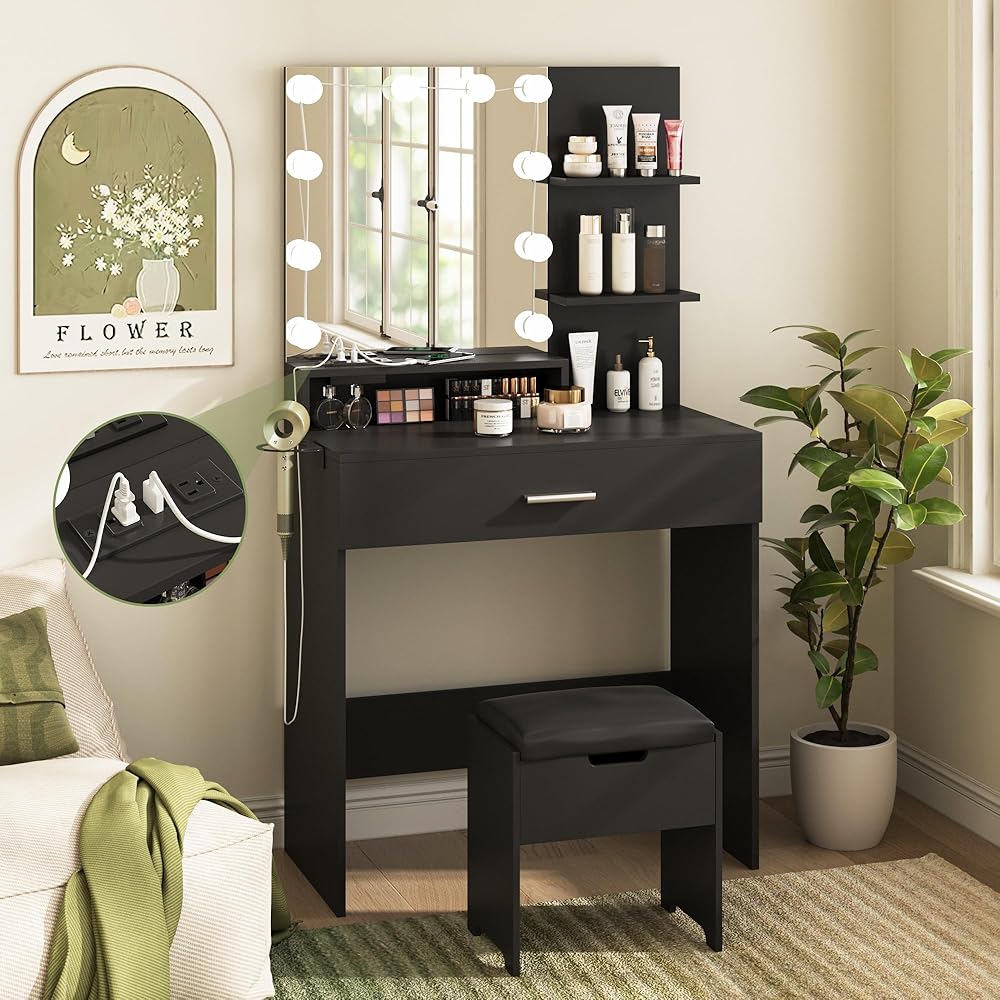 Vabches Small Vanity Desk with Mirror and Lights, Makeup Vanity with Storage Chair & Power Strip,Girl Dressing Table Set with Drawer for Bedroom,3 Lighting Modes,Brightness Adjustable,Black : Home & Kitchen
