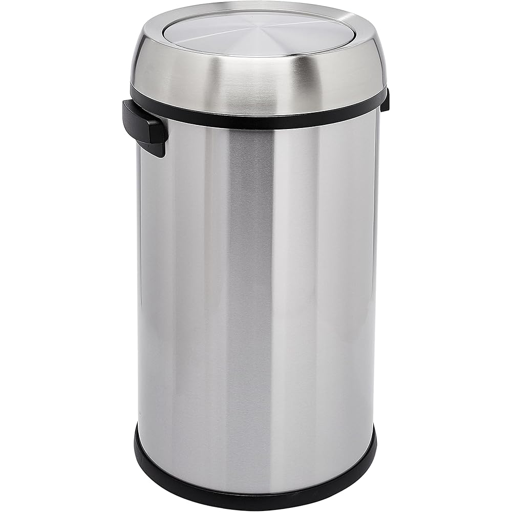 Amazon Basics Round Stainless Steel Trash Can with Swing lid - 65 litre/ 17.2 Gallon, Silver, Black : Home & Kitchen