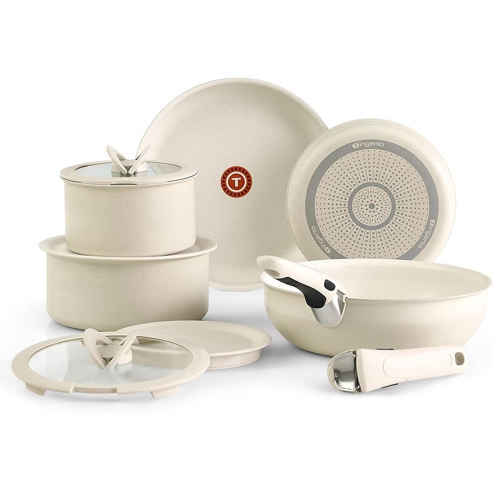 T-fal Ingenio Essentials Cookware Set with Detachable/Removable Handle 11 Piece, Granite Titanium Non Stick, Oven Broiler Safe 500F, Stackable, Pots and Pans Set, Frying Pans, Dishwasher Safe, Beige