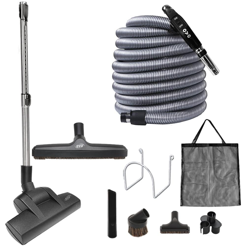 - OVO Central Vacuum Deluxe Plus Kit, 30ft ON/Off Low-Voltage Hose, Air Driven Carpet Beater, 12’’ Premium Floor Brush, Cleaning Tools and Easy Storage Accessories