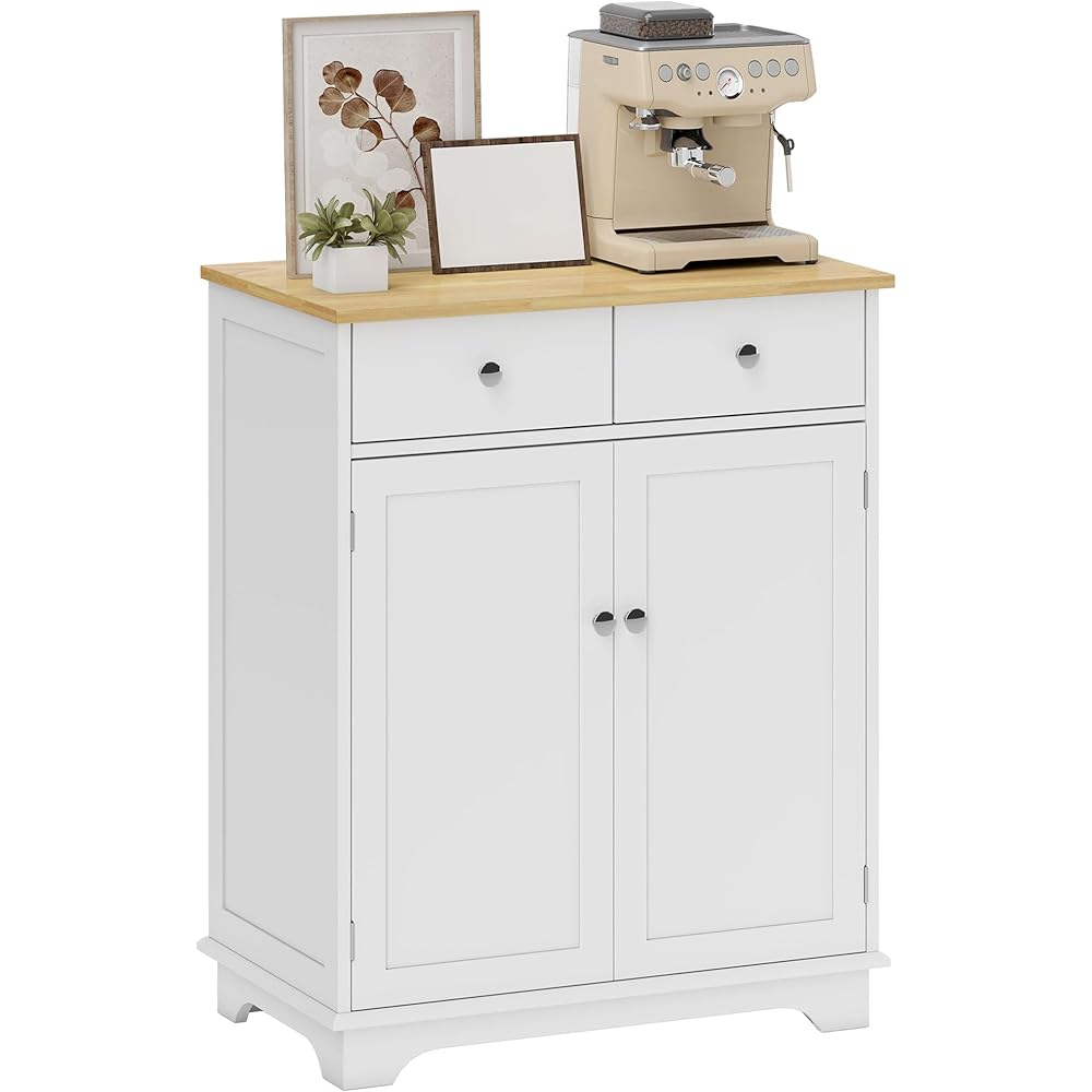 - HOMCOM Sideboard with Solid Wood Countertop, Modern Kitchen Storage Cabinet, Coffee Bar Cabinet with 2 Drawers, Doors and Adjustable Shelf, White - Buffets & Sideboards
