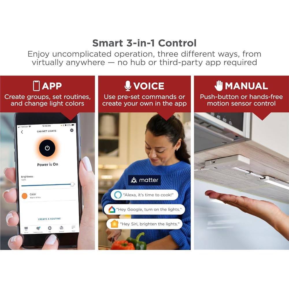 BLACK+DECKER Professional Push Wire® Matter Certified Smart Under Cabinet Lighting Kit, Adjustable White and RGB LEDs, Works with Alexa, Apple Home, Google Home, (6) 12