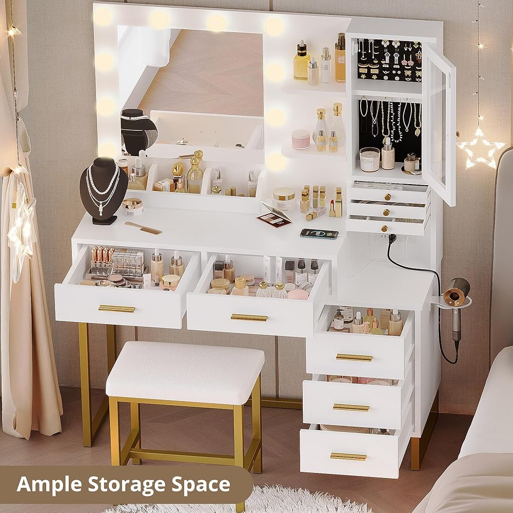 IRONCK Vanity Desk with Mirror and Lights, Makeup Vanity Table with 5 Drawers & Shelves, Power Outlet, Vanity Stool, Dressing Table with Jewelry Storage for Bedroom, White & Gold : Home & Kitchen