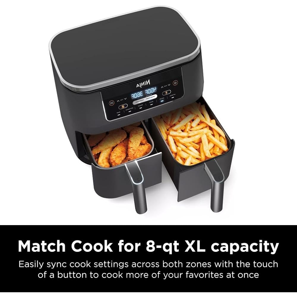 Ninja DZ201 Foodi 8 Quart 6-in-1 DualZone 2-Basket Air Fryer with 2 Independent Frying Baskets, Match Cook & Smart Finish to Roast, Broil, Dehydrate & More for Quick, Easy Meals, Grey : Home & Kitchen