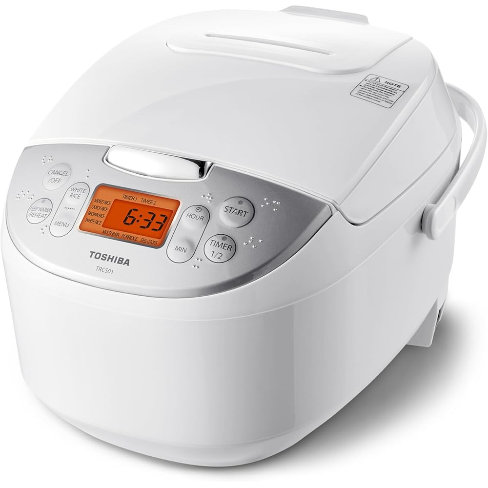 Toshiba Rice Cooker 6 Cup Uncooked – Japanese Rice Cooker with Fuzzy Logic Technology, 7 Cooking Functions, Digital Display, 2 Delay Timers and Auto Keep Warm, Non-Stick Inner Pot, White: Home & Kitchen