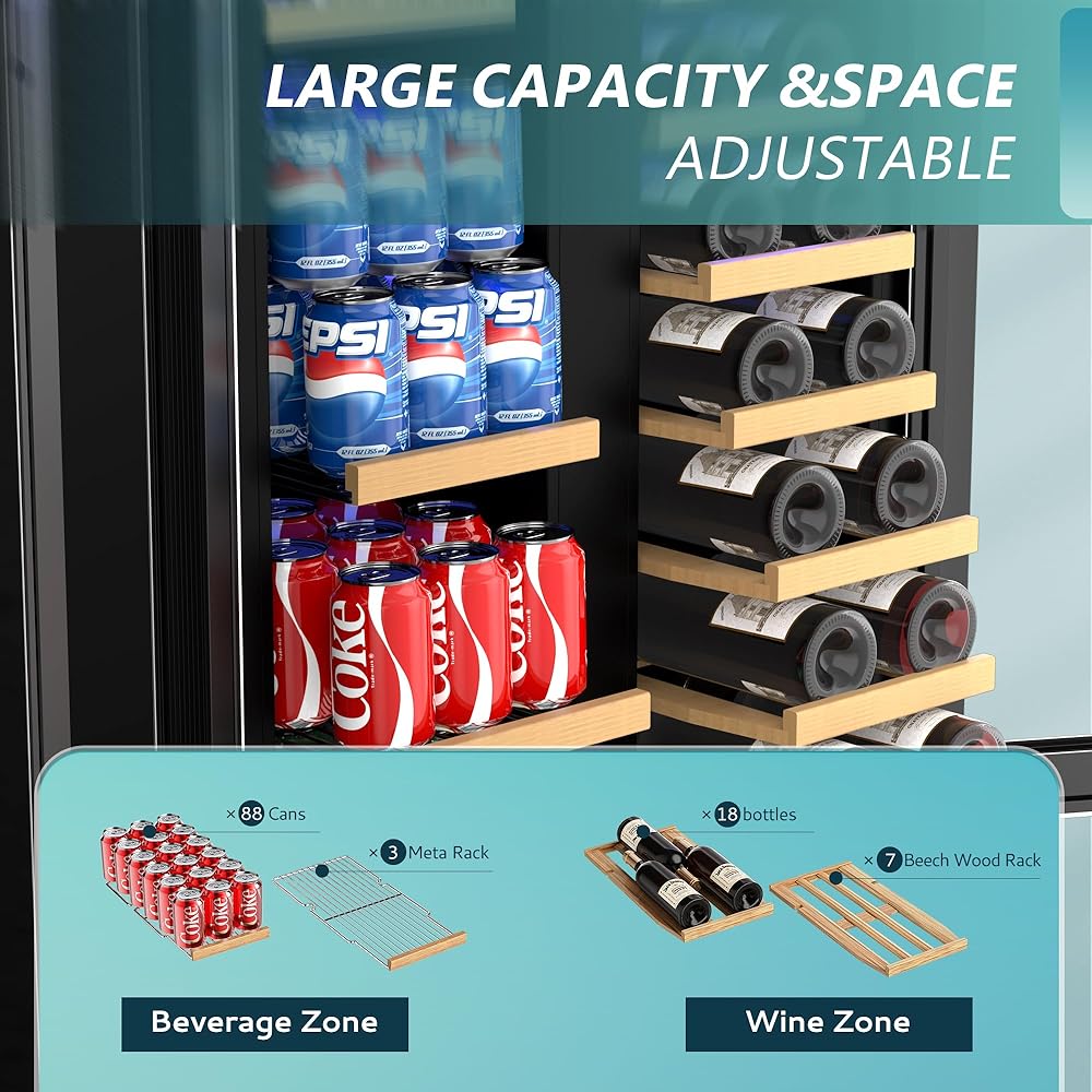 EUHOMY Wine and Beverage Refrigerator, 24 Inch Dual Zone Wine Cooler with Glass Door Hold 21 Bottles and 88 Cans, Built in or Under Counter Wine Fridge with Blue LED Light: Home & Kitchen