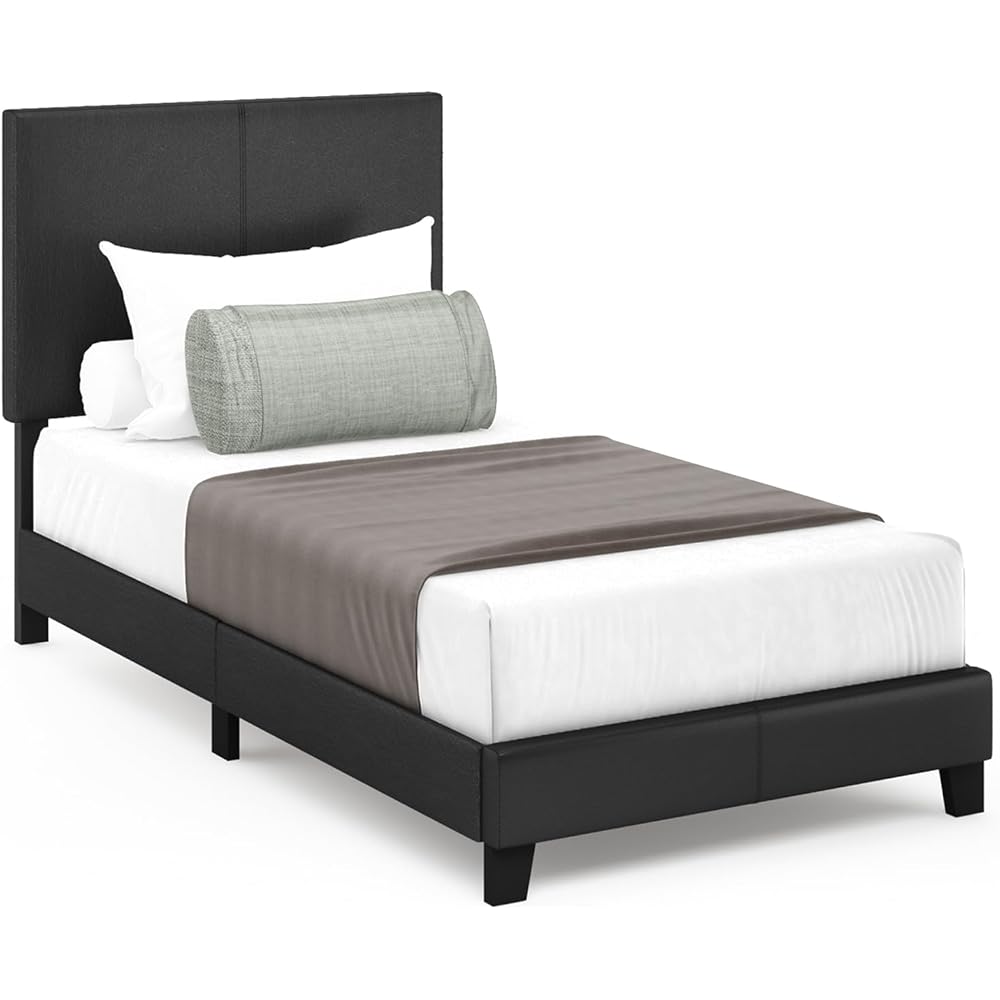 FURINNO Pessac PU Leather Upholstered Platform, Twin, Black : Home & Kitchen