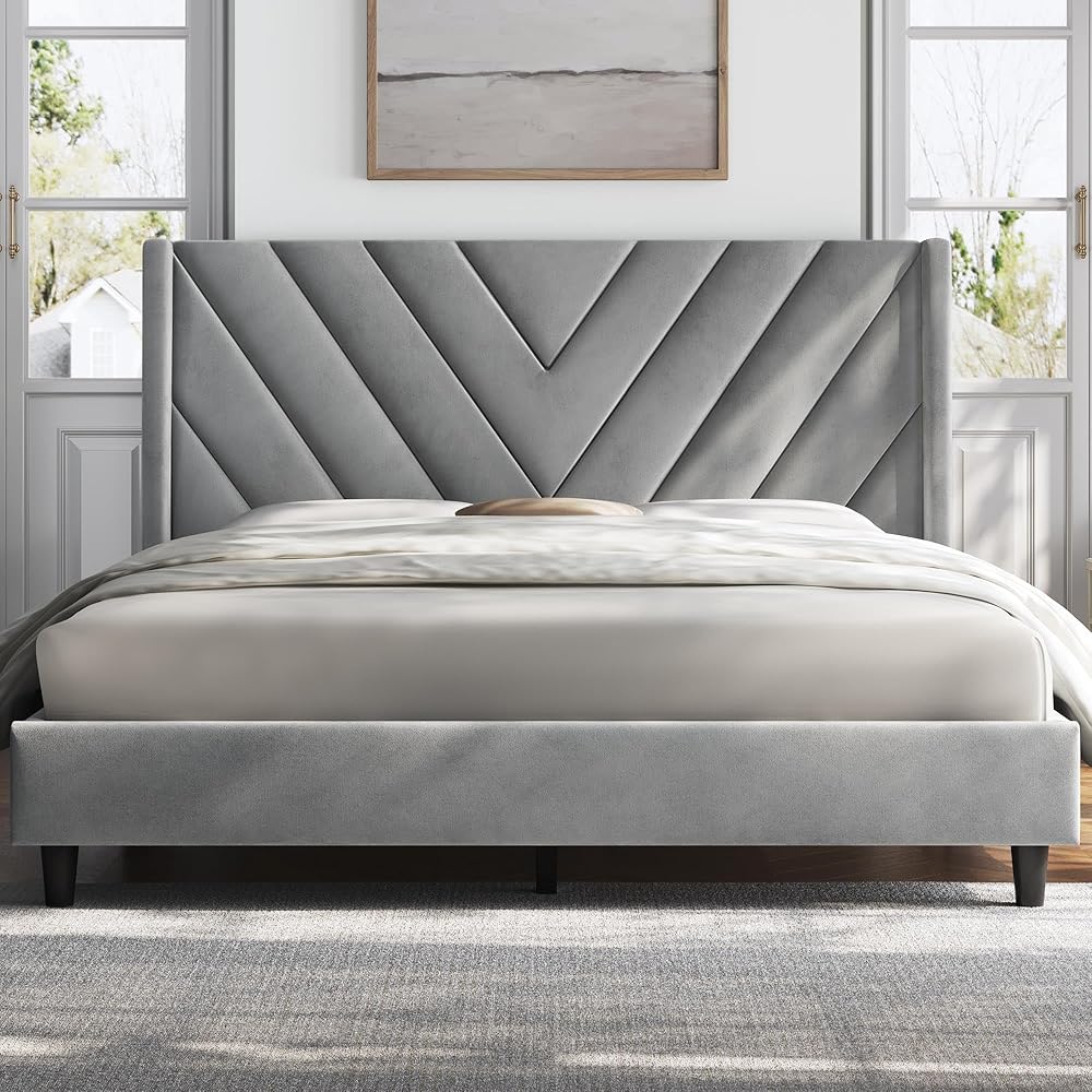 Yaheetech Full Bed Frame Upholstered Platform Bed with Wing Side Tufted Headboard/Sturdy Wooden Slat Support/No Box Spring Needed/Mattress Foundation,Light Gray Full Bed : Home & Kitchen