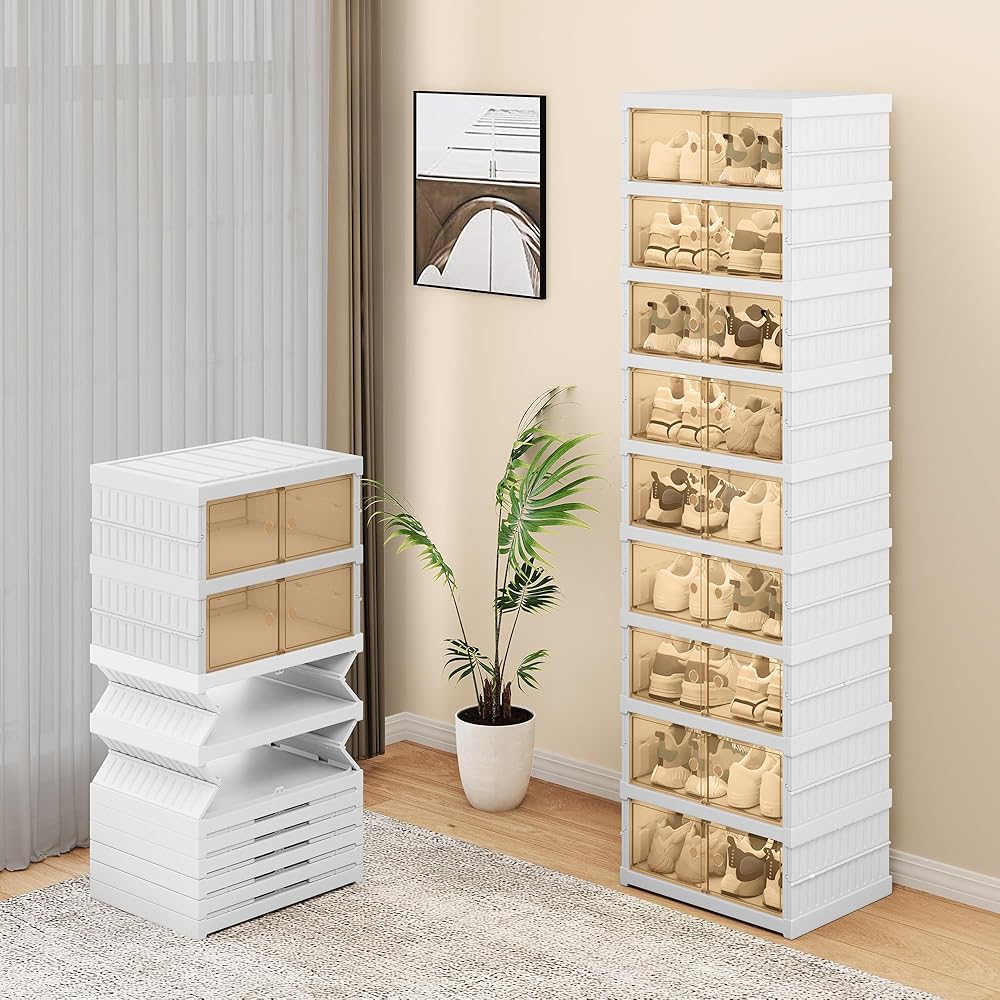 YITAHOME Plastic Shoe Organizer Storage Box, 9 Tier 18 Pairs Foldable Shoe Rack with Magnetic Clear Doors, Collapsible Sneaker Cabinet for Entryway Living Room Bedroom (White) : Home & Kitchen