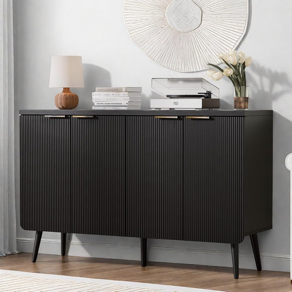 - FONTOI Buffet Cabinet with Storage, Fluted Multifunctional Storage Cabinet with 4 Doors, Modern Sideboard Buffet Credenzas for Living Room, Entryway, Hallway, Black - Buffets & Sideboards