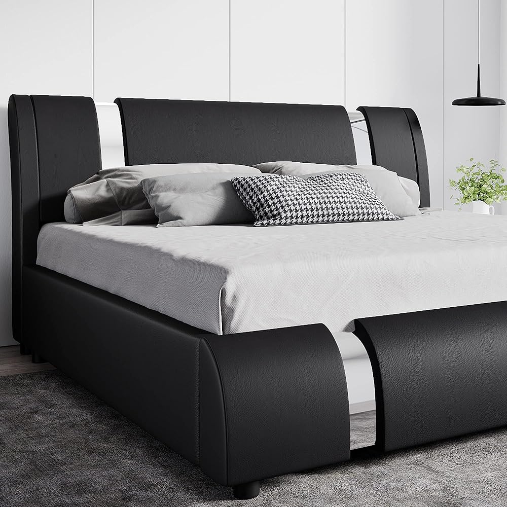SHA CERLIN Modern Faux Leather Queen Bed Frame with Adjustable Headboard and Iron Accents, Deluxe Upholstered Platform Bed with Solid Wooden Slats Support/No Box Spring Needed, Black : Home & Kitchen