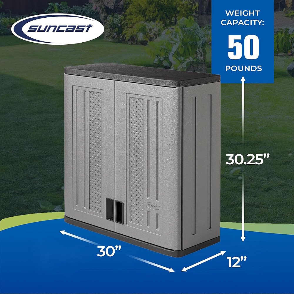 Suncast 4 Cubic Feet Resin Single Shelf Garage Wall Storage Cabinet, Platinum -