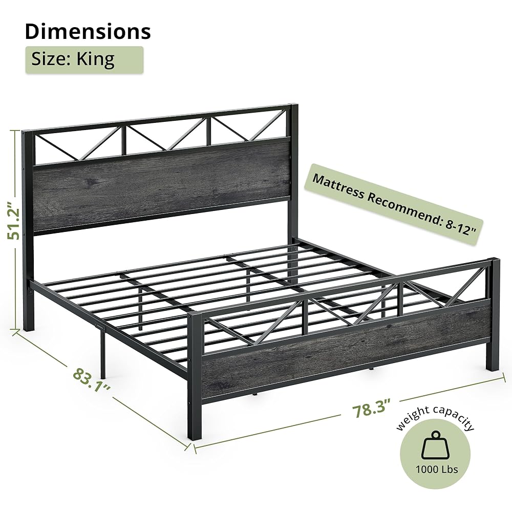 LIKIMIO King Bed Frame, Tall Industrial Headboard 51.2