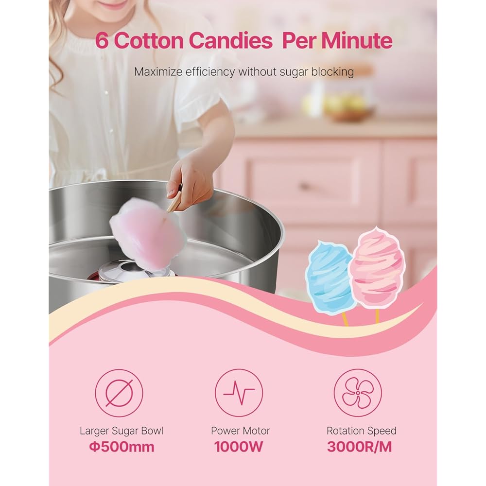 VEVOR Electric Cotton Candy Machine, 1000W Commercial Floss Maker w/Stainless Steel Bowl, Sugar Scoop and Drawer, Perfect for Home, Carnival, Kids Birthday, Family Party, Pink : Everything Else