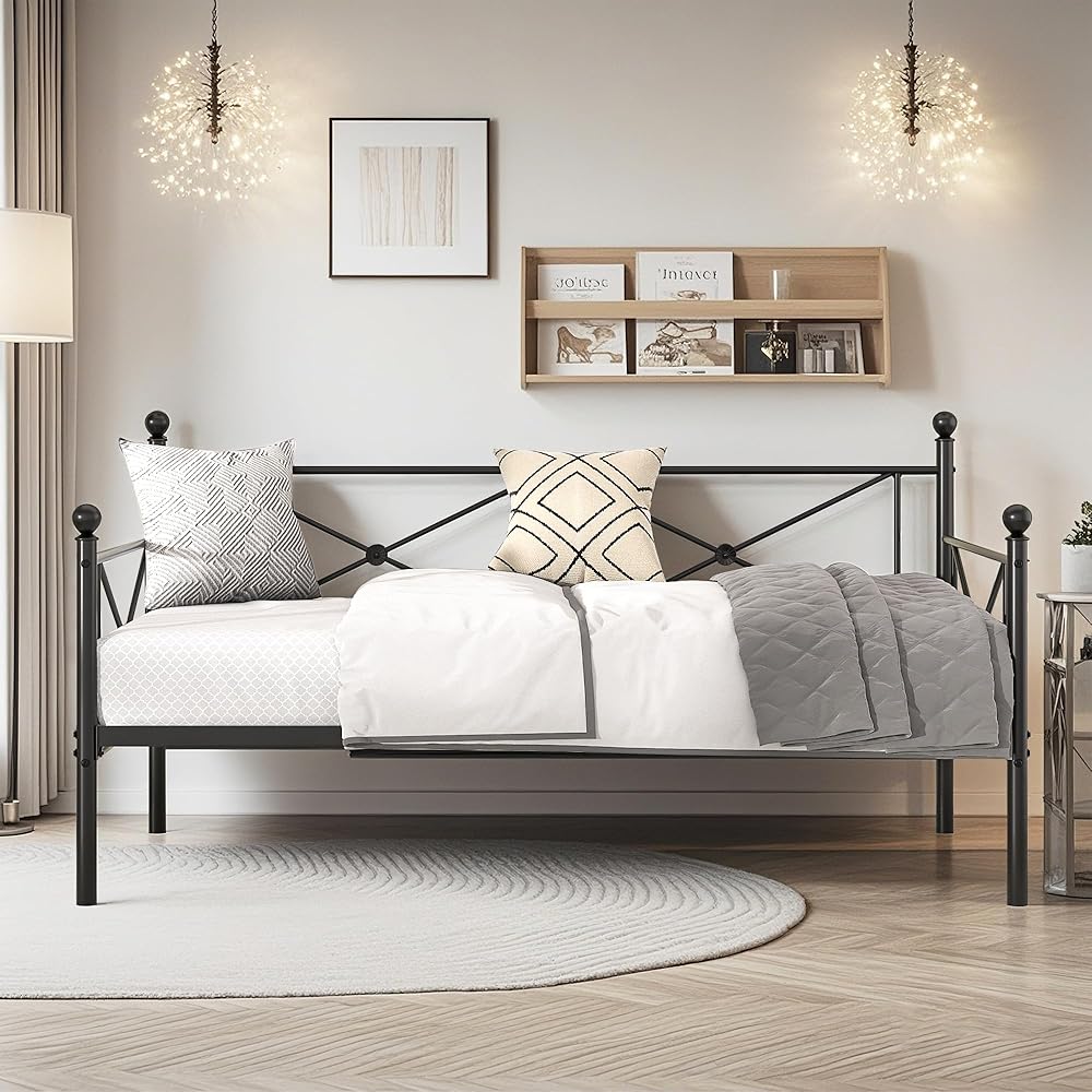 VECELO Twin Daybed Frame, Metal Day Bed with Stylish Headboard, Multifunctional Platform Beds for Bedroom, Living Room, Guest Room, No Boxing Spring Needed, Black : Home & Kitchen