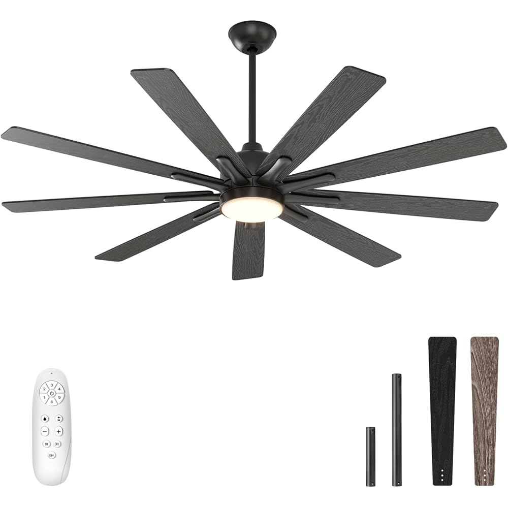warmiplanet Ceiling Fans with Lights and Remote Control, 62-Inch, Reversible Silent DC Motor, 6 Speeds, 3 Color Dimmable LED Light, Timer, Black, 9-Blades -