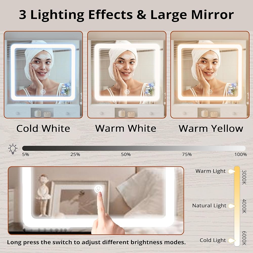 LIKIMIO Vanity Desk with Drawers & LED Lighted Mirror & Power Outlet & Cabinet, Storage Stool, Stylish Bedroom Makeup Table Set, White : Home & Kitchen