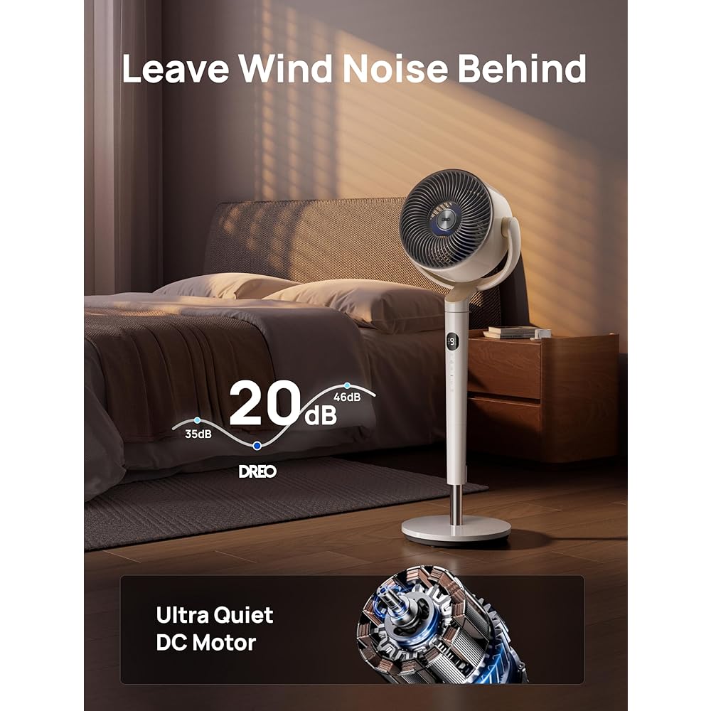 Dreo Smart Fan for Bedroom, 120° +120° Omni-Directional Oscillating Fans, 90ft Quiet Pedestal Fan with RGB Light, 9 Speeds, 6 Modes, 20dB, 8H Timer, Wi-Fi/Voice/Alexa, 37-42