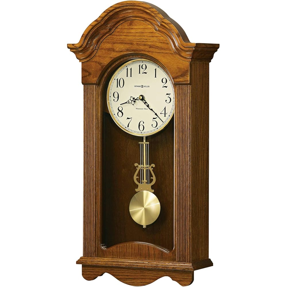 Howard Miller Cambria Wall Clock II 549-518 – Legacy Oak Finish Wood Frame, Vintage Home Decor, Brushed Brass Finished Pendulum, Quartz, Single-Chime Movement : Home & Kitchen