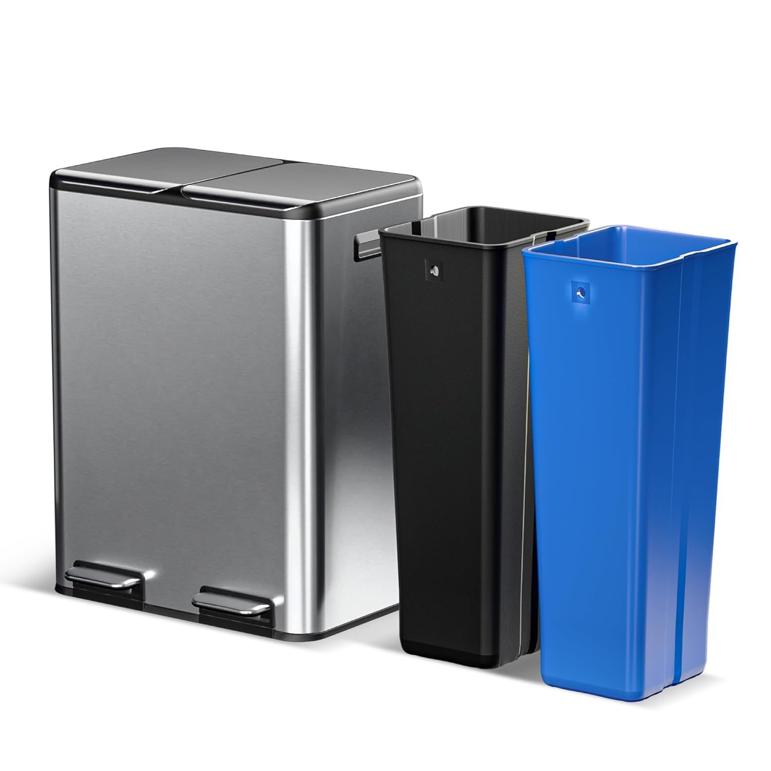 Home Zone Living 16 Gallon Kitchen Trash Can with Dual Compartments for Recycling, Stainless Steel, Silver, 60 Liters Total : Home & Kitchen