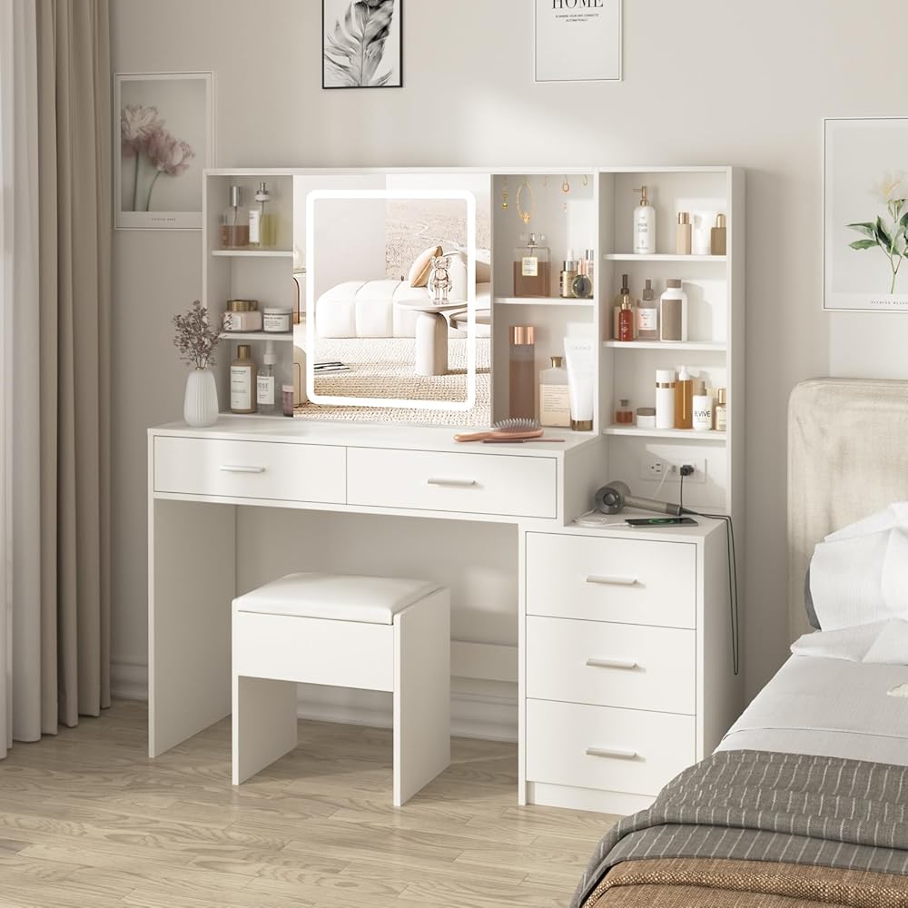 Fameill Vanity Desk with Mirror and Lights, Makeup Vanity with 5 Drawers, Makeup Desk with Charging Station and Ample Storage, Dressing Table with Chair for Bedroom Room (White) : Home & Kitchen