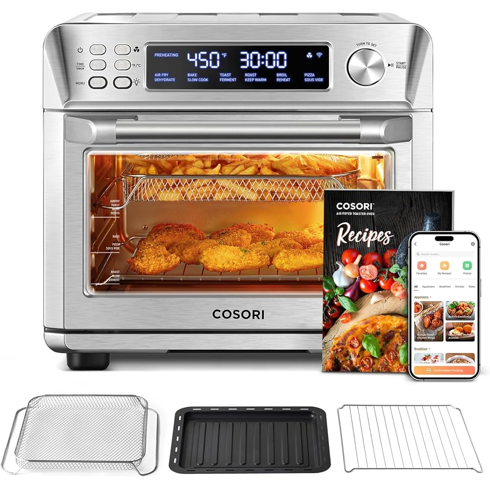 COSORI Air Fryer Toaster Oven Combo, Smart 12-in-1 Airfryer Sous Vide Convection Oven Countertop, Bake, Roast, Reheat, Broil, Dehydrate, 94 Recipes & 3 Accessories, 26QT, Silver, Stainless Steel: Home & Kitchen