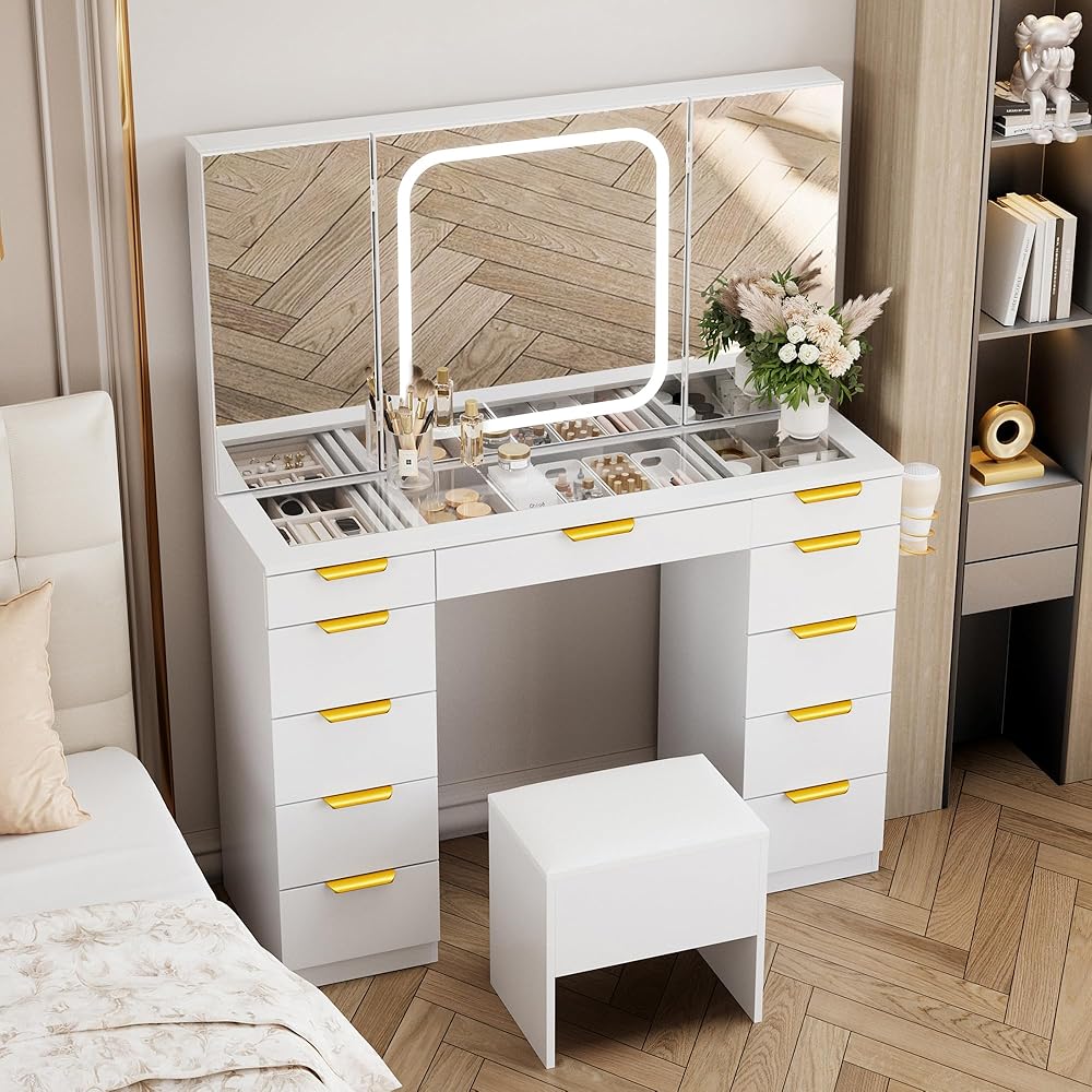 Pamapic 11 Drawers Vanity Desk with Foldable Mirror, Glass Top Makeup Vanity with LED Lights, 3 Lighting Modes, Golden Handles Dressing Table with Chair and Power Outlet : Home & Kitchen