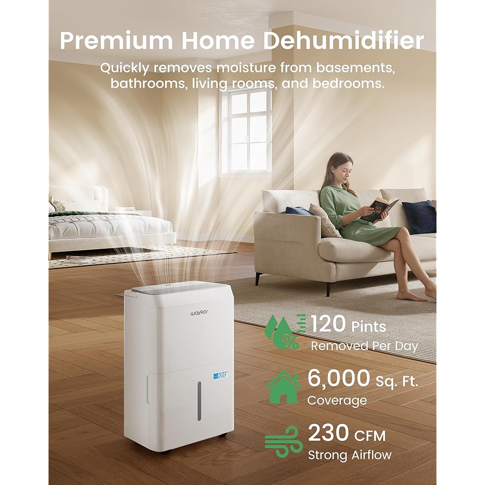 - Waykar 120 Pint Energy Star Dehumidifier for Home, Basement, Large Rooms up to 6,000 Sq. Ft. - Auto Defrost, Ultra Quiet(40 dB), Auto Comfort Mode, with Drain Hose & Water Tank