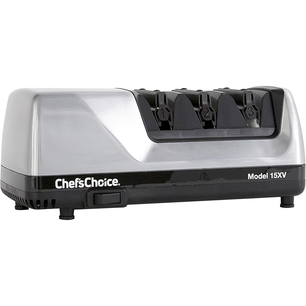 Chef’sChoice 15XV Professional Electric Knife Sharpener with Durable Metal Housing & 100-Percent Diamond Abrasives and Precision Angle Guides for Straight Edge and Serrated Knives, 3-Stage, Metallic: Home & Kitchen