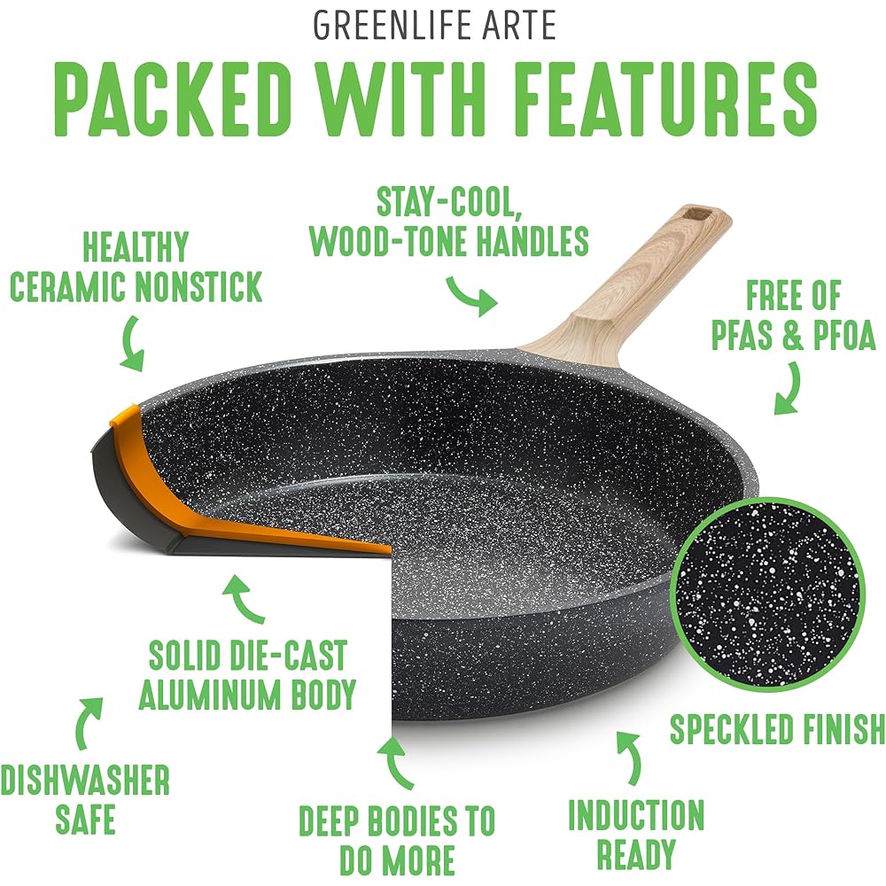GreenLife 8 Piece Ceramic Nonstick Cookware Set, Induction Suitable Non Toxic PFAS-Free Pots & Pans, Dishwasher Safe, Cooking Set, Stock Pot, Saucepans & Frying Pans, Kitchen Cooking, Granite Black