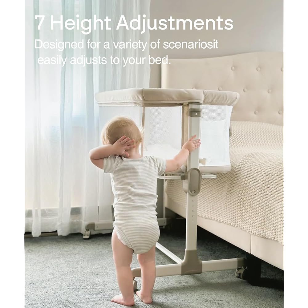 Fodoss Baby Bassinets Bedside Sleeper - All Mesh Bedside Bassinet with Wheels, 7 Height Adjustable Baby Bassinet for Infants, Beige : Baby