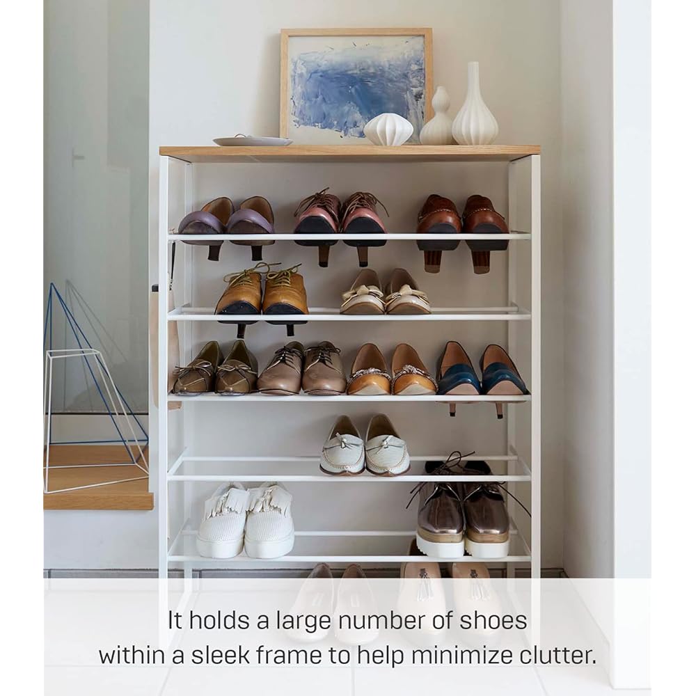 Yamazaki Home 6 Tier Wood Top Shoe Rack Steel One Size White : Home & Kitchen