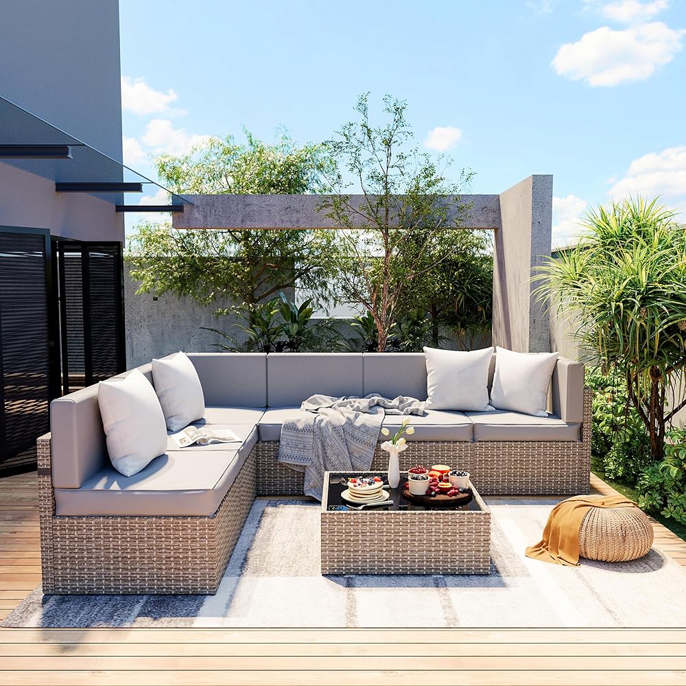 Pamapic 7-Piece Outdoor Sectional Furniture Set, All-Weather Wicker Patio Sofa with Washable Cushions, Gray Waterproof Rattan Conversation Set for Backyard, Poolside, Garden (Gray Cushions) : Patio, Lawn & Garden