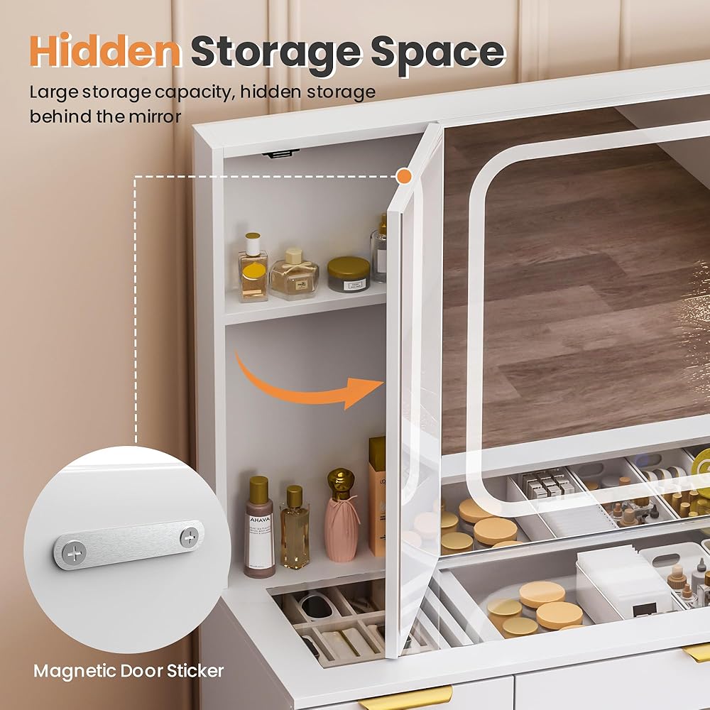 Pamapic 11 Drawers Vanity Desk with Foldable Mirror, Glass Top Makeup Vanity with LED Lights, 3 Lighting Modes, Golden Handles Dressing Table with Chair and Power Outlet : Home & Kitchen