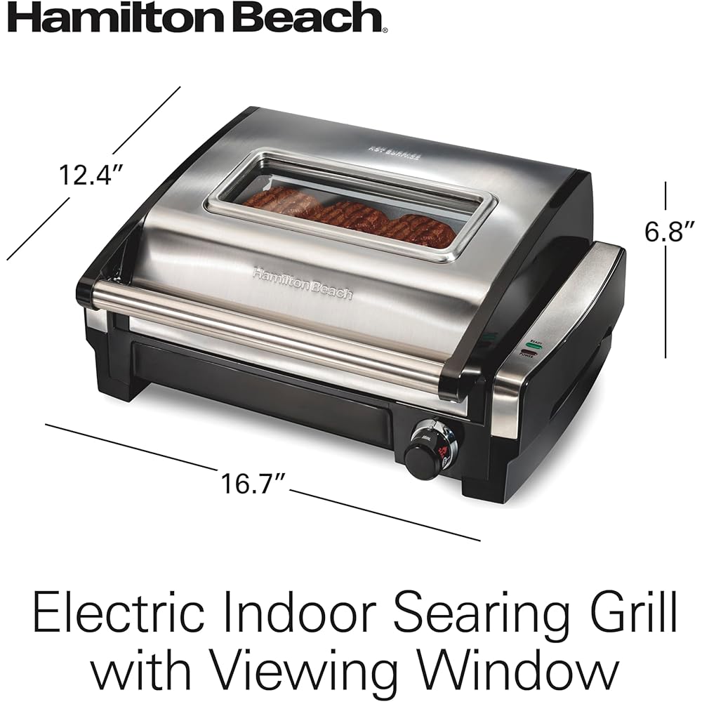 Hamilton Beach Electric Indoor Searing Grill with Viewing Window & Adjustable Temperature Control to 450F, 118 sq. in. Surface Serves 6, PFAS-Free Removable Nonstick Grate, Stainless Steel: Home & Kitchen