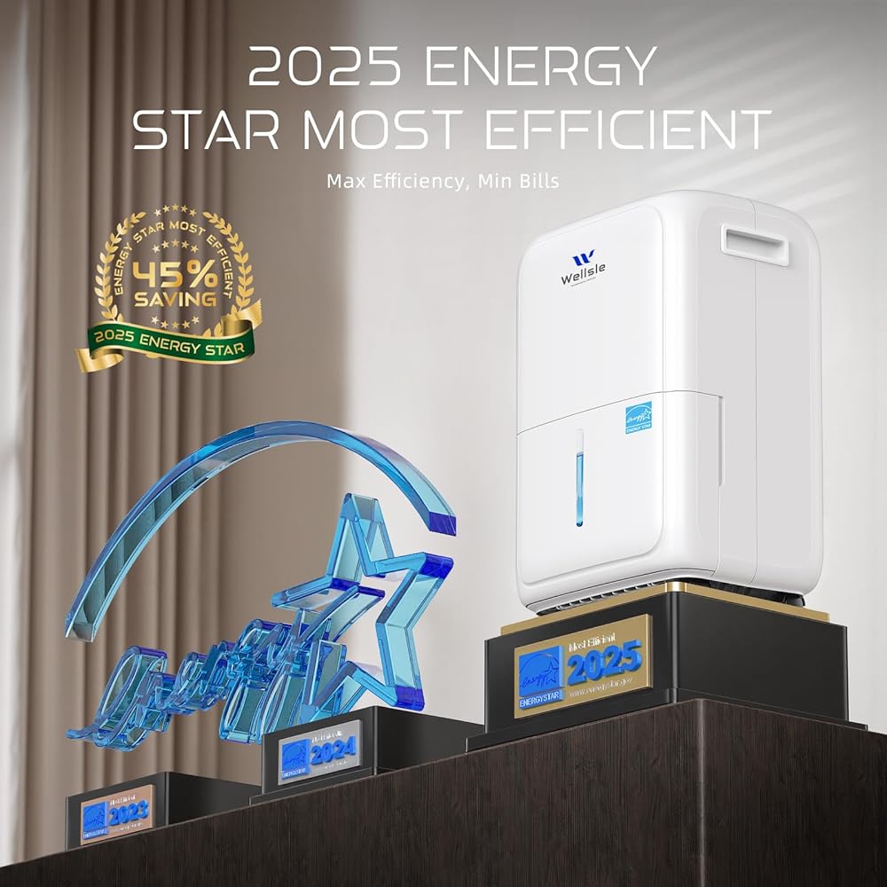 - Wellsle Most Efficient Energy Star Dehumidifier, 52 Pint Dehumidifiers for Basement and Home with Drain Hose, 1.59 Gallon Water Tank, Smart Humidity Control for Bedroom with 24HR Timer, Auto Shut Off