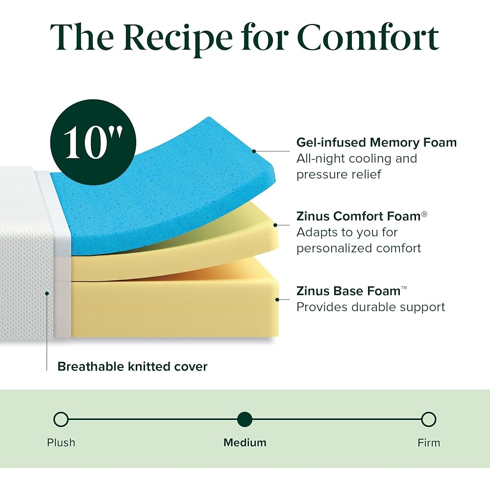 ZINUS 10 Inch Green Tea Cooling Memory Foam Mattress [New Version], Queen, Fiberglass Free, Medium Firmness, Cooling Gel Foam, Certified Safe Foams & Fabric, Mattress in A Box : Home & Kitchen