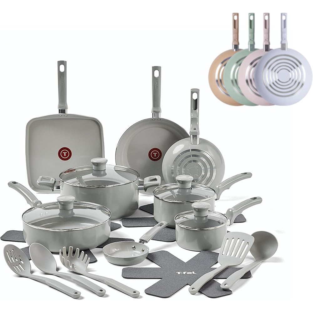 T-Fal Refresh Ceramic Pots and Pans Set, 20-Piece Nonstick Cookware Set, Stockpot, Griddle, Frying Pans, Utensils, Moon Grey: Home & Kitchen