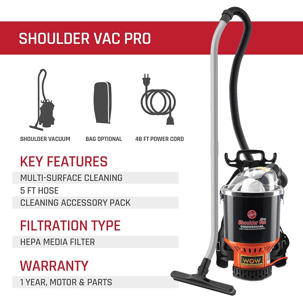 Hoover Commercial Shoulder Vac Pro Backpack Bagged Vacuum Cleaner, with HEPA Media Filter, Lightweight with Extra Long Cord, Chiropractic Design, for Carpet and Hard Floors, C2401, Black: Shop Wet Dry Vacuums: Industrial & Scientific