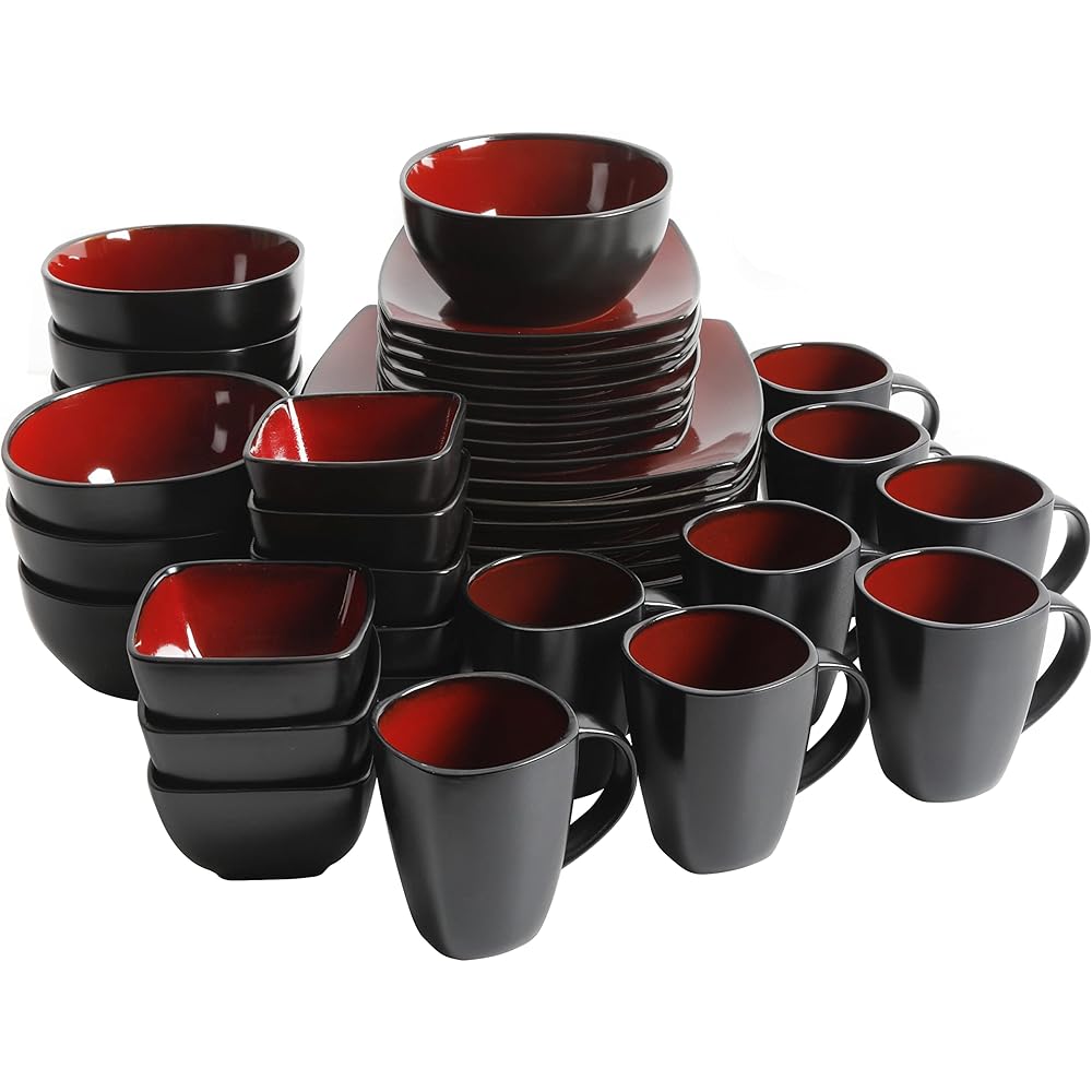 | Gibson Soho Lounge Square Reactive Glaze Stoneware Dinnerware Set, Service for 8 (40pc), Red/Black: Dinnerware Sets