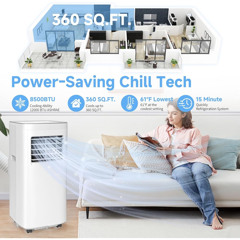 8500 BTU Portable Air Conditioners with Dehumidifier & Fan - 3-in-1 Cooling Unit for Rooms up to 450 Sq.Ft, Remote Control, Sleep Mode & Easy Installation Kit, Ideal for Studios/Offices/Home Use : Home & Kitchen