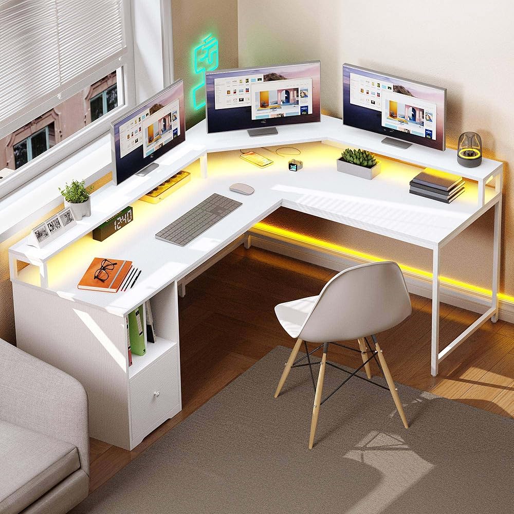 DWVO L Shaped Desk with Drawer & 3 Cubbies Storage Shelves, 67