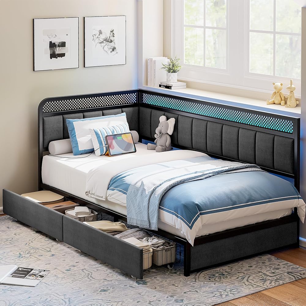LIKIMIO Twin Corner Bed Frame with Storage Drawers and Charging Station, Modern Twin Daybed with LED Lights and Upholstered Guardrail, Gray : Home & Kitchen