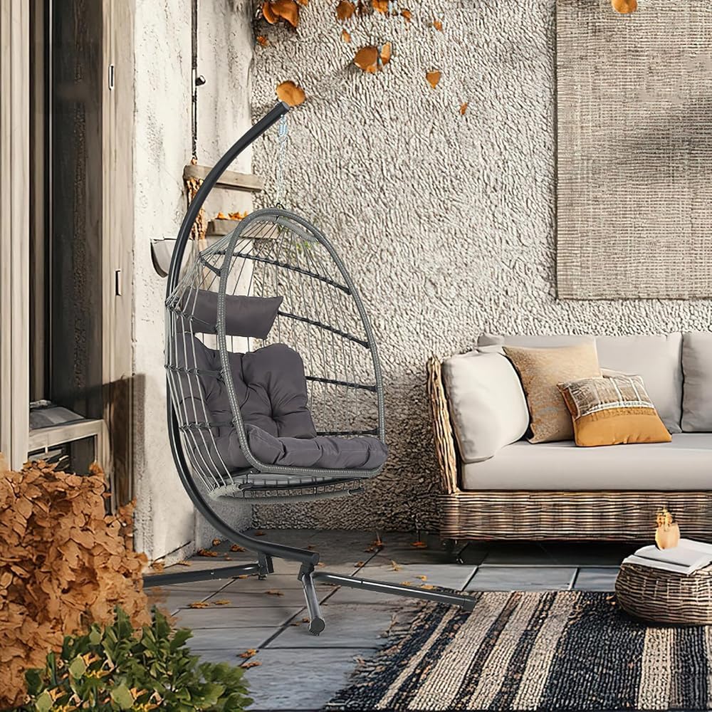 Hanging Egg Chair with Stand, Hammock Chair with Rattan Wicker, Patio Swing Egg Chair with Alluminum Frame & Thick Cusion, 350 Lbs Capacity Swing Chair for Outdoor/Indoor Use : Patio, Lawn & Garden